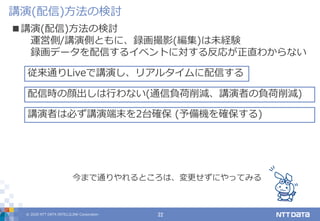 © 2020 NTT DATA INTELLILINK Corporation 22
講演(配信)方法の検討
■講演(配信)方法の検討
運営側/講演側ともに、録画撮影(編集)は未経験
録画データを配信するイベントに対する反応が正直わからない
配信時の顔出しは行わない(通信負荷削減、講演者の負荷削減)
従来通りLiveで講演し、リアルタイムに配信する
今まで通りやれるところは、変更せずにやってみる
講演者は必ず講演端末を2台確保 (予備機を確保する)
 