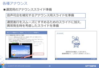 © 2020 NTT DATA INTELLILINK Corporation 24
各種アナウンス
■運営用のアナウンススライド準備
運営進行をスムーズにすすめるためのスライドに加え、
異常発生時を考慮したスライドを準備
音声司会を補完するアナウンス用スライドを準備
 
