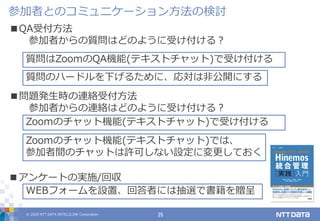 © 2020 NTT DATA INTELLILINK Corporation 25
参加者とのコミュニケーション方法の検討
■QA受付方法
参加者からの質問はどのように受け付ける？
質問はZoomのQA機能(テキストチャット)で受け付ける
質問のハードルを下げるために、応対は非公開にする
■問題発生時の連絡受付方法
参加者からの連絡はどのように受け付ける？
Zoomのチャット機能(テキストチャット)で受け付ける
Zoomのチャット機能(テキストチャット)では、
参加者間のチャットは許可しない設定に変更しておく
■アンケートの実施/回収
WEBフォームを設置、回答者には抽選で書籍を贈呈
 