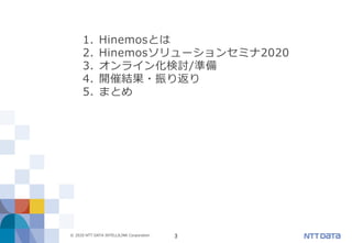 3© 2020 NTT DATA INTELLILINK Corporation
1. Hinemosとは
2. Hinemosソリューションセミナ2020
3. オンライン化検討/準備
4. 開催結果・振り返り
5. まとめ
 