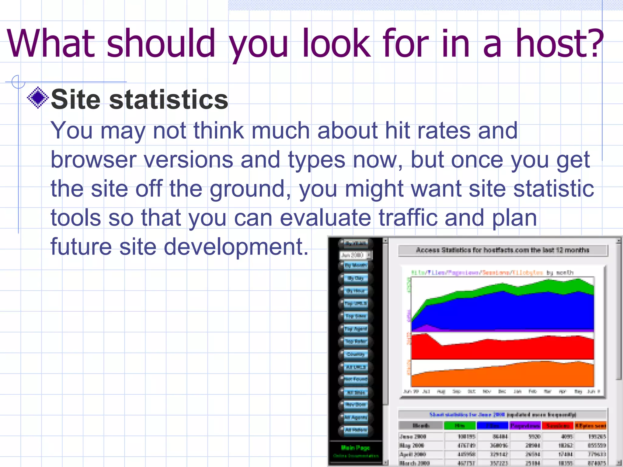 What should you look for in a host? Site statistics You may not think much about hit rates and browser versions and types now, but once you get the site off the ground, you might want site statistic tools so that you can evaluate traffic and plan future site development.                       