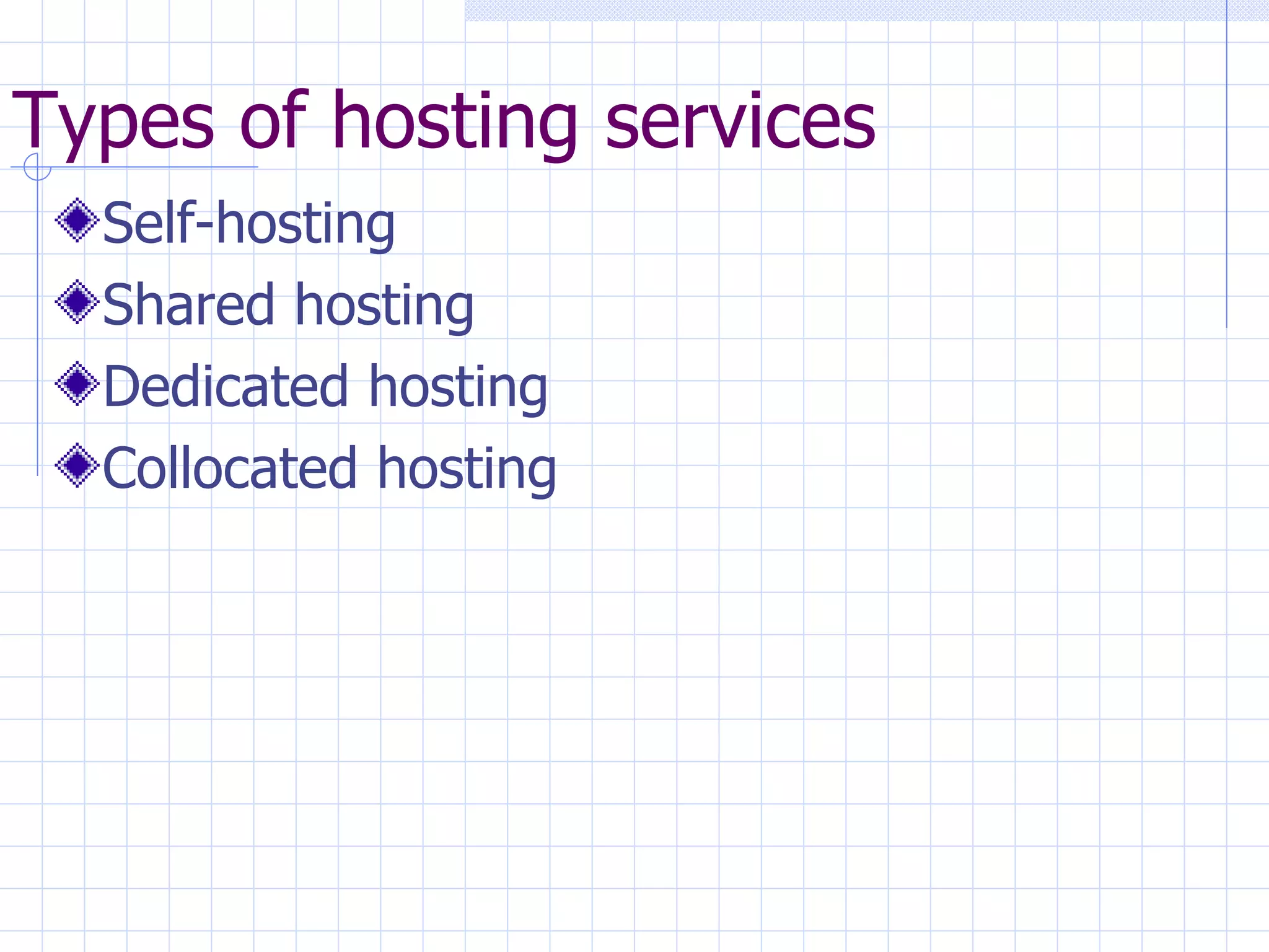 Types of hosting services Self-hosting Shared hosting Dedicated hosting Collocated hosting 