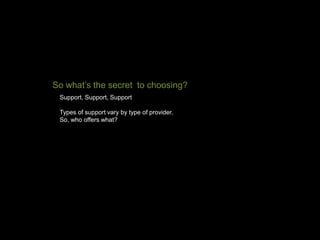 Support, Support, Support
Types of support vary by type of provider.
So, who offers what?
So what’s the secret to choosing?
 