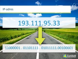 IP-­‐adres



             193.111.95.33


  11000001	
  .	
  01101111	
  .	
  01011111.00100001
 