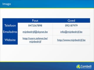 Imago




                      Fout                       Goed
 Telefoon         0472567898                   092187979

Emailadres   mijnbedrijf@skynet.be        info@mijnbedrijf.be

             http://users.telenet.be/
 Website            mijnbedrijf
                                        http://www.mijnbedrijf.be
 