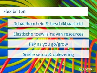 Flexibiliteit

      Schaalbaarheid	
  &	
  beschikbaarheid

     Elas(sche	
  toewijzing	
  van	
  resources

                Pay	
  as	
  you	
  go/grow

           Snelle	
  setup	
  &	
  oplevering
 
