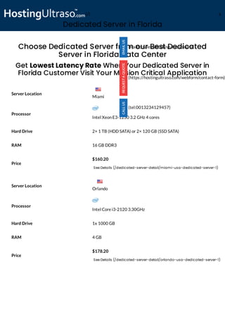 Dedicated Server in Florida
Processor
Intel Xeon E3-1230 3.2 GHz 4 cores
Hard Drive 2× 1 TB (HDD SATA) or 2× 120 GB (SSD SATA)
RAM 16 GB DDR3
Price
$160.20
See Details (/dedicated-server-detail/miami-usa-dedicated-server-1)
Processor
Intel Core i3-2120 3.30GHz
Hard Drive 1x 1000 GB
RAM 4 GB
Price
$178.20
See Details (/dedicated-server-detail/orlando-usa-dedicated-server-1)
Choose Dedicated Server from our Best Dedicated
Server in Florida Data Center
Get Lowest Latency Rate When Your Dedicated Server in
Florida Customer Visit Your Mission Critical Application
Server Location
Server Location
(mailto:sales@hostingultraso.com)
(https://hostingultraso.com/webform/contact-form)
(tel:0013234129457)
Miami
Orlando
(/) M
 