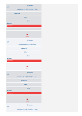 Processor
Intel Xeon E3-1230 v3 3.3 GHz 4 cores
Hard Drive 1× 500 GB (HDD SATA) and 1× 120 GB (SSD SATA)
RAM 16 GB DDR3
Price
$405.00
See Details
Processor
Intel Xeon X3440 2.5 GHz 4 cores
Hard Drive 2× 500 GB (HDD SATA)
RAM 8 GB DDR3
Price
$412.20
See Details
Processor
Intel Xeon E3-1230 v3 3.3 Ghz 4 cores
Hard Drive 1× 500 GB (HDD SATA)
RAM 8 GB DDR3
Price
$423.00
See Details
Processor
Intel Xeon E3-1230 v3 3.3 GHz 4 cores
Server Location
Server Location
Server Location
Istanbul
Izmir
Antalya
 