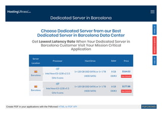 Dedicated Server in Barcelona
Server
Location
Processor Hard Drive RAM Price
Intel Xeon E3-1230 v2 3.3
GHz 4 cores
1× 120 GB (SSD SATA) or 1× 1 TB
(HDD SATA)
8 GB
DDR3
$164.03
See Details
Intel Xeon E3-1230 v5 3
GHz 4 cores
1× 120 GB (SSD SATA) or 1× 1 TB
(HDD SATA)
8 GB
DDR3
$177.88
See Details
Choose Dedicated Server from our Best
Dedicated Server in Barcelona Data Center
Get Lowest Latency Rate When Your Dedicated Server in
Barcelona Customer Visit Your Mission Critical
Application
Barcelona
Barcelona
Create PDF in your applications with the Pdfcrowd HTML to PDF API PDFCROWD
 