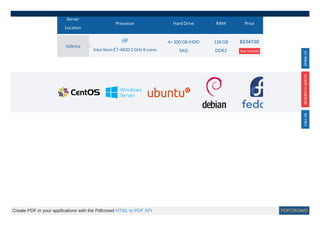 Server
Location
Processor Hard Drive RAM Price
Intel Xeon E7-4820 2 GHz 8 cores
4× 300 GB (HDD
SAS)
128 GB
DDR3
$3,567.02
See Details
Valletta
Create PDF in your applications with the Pdfcrowd HTML to PDF API PDFCROWD
 