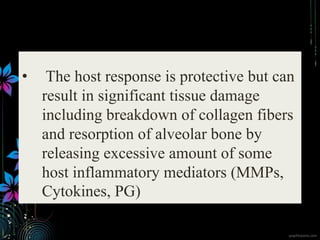 • The host response is protective but can
result in significant tissue damage
including breakdown of collagen fibers
and resorption of alveolar bone by
releasing excessive amount of some
host inflammatory mediators (MMPs,
Cytokines, PG)
 