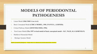 MODELS OF PERIODONTAL
PATHOGENESIS
1. Linear Model (Mid 1960’s Loe et al.)
2. Basic Conceptual Model (CIRCA MODEL, 1981, IVANYI L., LEHNER).
3. Critical Pathway Model (OFFENBACHER, 1996)
4. Non-Linear Model (The 1997 revised model of basic conceptual model – R.C. PAGE, K.S. KORNMAN)
5. Multilevel Hierarchal Model
6. Biologic Systems Model
Models of periodontal pathogenesis – Pushpa Latha et al, IndianJournal of Dental advancements, Vol.08 (1).
10
 