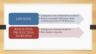 • Endogenous anti-inflammatory mediator
• Reduce neutrophil infiltration, block
cytokines, prevents CT & Bone loss
LIPOXINS
• Endogenous chemical mediators
• Role similar to lipoxins
RESOLVINS,
PROTECTINS,
MARESINS
41
 
