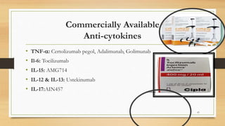 Commercially Available
Anti-cytokines
• TNF-: Certolizumab pegol, Adalimunab, Golimunab
• Il-6: Tocilizumab
• IL-15: AMG714
• IL-12 & IL-13: Ustekinumab
• IL-17:AIN457
65
 