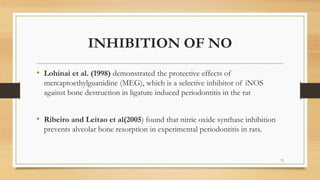 INHIBITION OF NO
• Lohinai et al. (1998) demonstrated the protective effects of
mercaptoethylguanidine (MEG), which is a selective inhibitor of iNOS
against bone destruction in ligature induced periodontitis in the rat
• Ribeiro and Leitao et al(2005) found that nitric oxide synthase inhibition
prevents alveolar bone resorption in experimental periodontitis in rats.
75
 