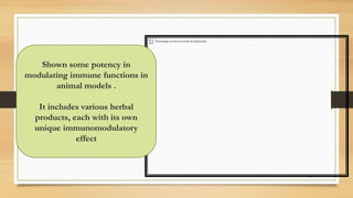 Shown some potency in
modulating immune functions in
animal models .
It includes various herbal
products, each with its own
unique immunomodulatory
effect
89
 