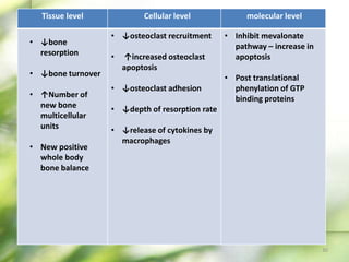 Tissue level Cellular level molecular level
• ↓osteoclast recruitment
• ↑increased osteoclast
apoptosis
• ↓osteoclast adhesion
• ↓depth of resorption rate
• ↓release of cytokines by
macrophages
• Inhibit mevalonate
pathway – increase in
apoptosis
• Post translational
phenylation of GTP
binding proteins
• ↓bone
resorption
• ↓bone turnover
• ↑Number of
new bone
multicellular
units
• New positive
whole body
bone balance
30
 