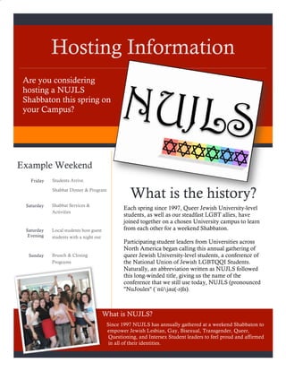 Hosting Information
 Are you considering
 hosting a NUJLS
 Shabbaton this spring on
 your Campus?




Example Weekend
   Friday   Students Arrive.

            Shabbat Dinner & Program
                                                   What is the history?
 Saturday   Shabbat Services &
                                                Each spring since 1997, Queer Jewish University-level
            Activities
                                                students, as well as our steadfast LGBT allies, have
                                                joined together on a chosen University campus to learn
 Saturday   Local students host guest           from each other for a weekend Shabbaton.
  Evening   students with a night out
                                                Participating student leaders from Universities across
                                                North America began calling this annual gathering of
  Sunday    Brunch & Closing                    queer Jewish University-level students, a conference of
            Programs                            the National Union of Jewish LGBTQQI Students.
                                                Naturally, an abbreviation written as NUJLS followed
                                                this long-winded title, giving us the name of the
                                                conference that we still use today, NUJLS (pronounced
                                                "NuJoules" (ˈnüjau(-əә)ls).



                                        What is NUJLS?
                                         Since 1997 NUJLS has annually gathered at a weekend Shabbaton to
                                         empower Jewish Lesbian, Gay, Bisexual, Transgender, Queer,
                                          Questioning, and Intersex Student leaders to feel proud and affirmed
                                          in all of their identities.
 