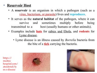 • Reservoir Host
• A reservoir is an organism in which a pathogen (such as a
virus, bacterium, or parasite) lives and reproduces.
• It serves as the natural habitat of the pathogen, where it can
survive and sometimes multiply before being
transmitted to a host (usually humans or other animals).
• Examples include bats for rabies and Ebola, and rodents for
Lyme disease.
• Lyme disease is an illness caused by Borrelia bacteria from
the bite of a tick carrying the bacteria.
https://
medrec
hospital.com/
atozdetail/ly
m e-disease
 