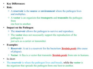 • Key Differences:
• Role:
o A reservoir is the source or environment where the pathogen lives
and multiplies.
o A vector is an organism that transports and transmits the pathogen
from
one host to another.
• Impact on the Pathogen:
o The reservoir allows the pathogen to survive and reproduce.
o The vector does not necessarily support the reproduction of the
pathogen; it
just acts as a carrier or transmitter.
• Examples:
o Reservoir: A rat is a reservoir for the bacterium Yersinia pestis (the cause
of plague).
o Vector: A flea is a vector that transmits Yersinia pestis from rats to humans.
• In short:
• The reservoir is where the pathogen lives and breeds, while the vector is
the organism that spreads the pathogen from one host to another.
 