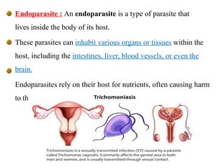 Endoparasite : An endoparasite is a type of parasite that
lives inside the body of its host.
These parasites can inhabit various organs or tissues within the
host, including the intestines, liver, blood vessels, or even the
brain.
Endoparasites rely on their host for nutrients, often causing harm
to the host in the process.
 