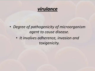 virulance
• Degree of pathogenicity of microorganism
agent to cause disease.
• It involves adherence, invasion and
toxigenicity.
 