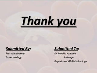 Thank you
Submitted By: Submitted To:
Prashant sharma Dr. Monika Ashtana
Biotechnology Incharge
Department Of Biotechnology
 