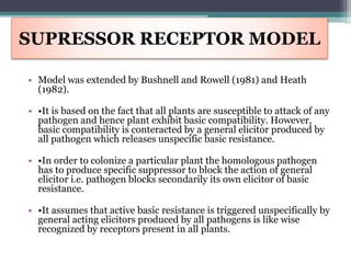 SUPRESSOR RECEPTOR MODEL
• Model was extended by Bushnell and Rowell (1981) and Heath
(1982).
• •It is based on the fact that all plants are susceptible to attack of any
pathogen and hence plant exhibit basic compatibility. However,
basic compatibility is conteracted by a general elicitor produced by
all pathogen which releases unspecific basic resistance.
• •In order to colonize a particular plant the homologous pathogen
has to produce specific suppressor to block the action of general
elicitor i.e. pathogen blocks secondarily its own elicitor of basic
resistance.
• •It assumes that active basic resistance is triggered unspecifically by
general acting elicitors produced by all pathogens is like wise
recognized by receptors present in all plants.
 