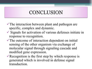 CONCLUSION
The interaction between plant and pathogen are
specific, complex and dynamic.
 Signals for activation of various defenses initiate in
response to recognition.
The outcome of interaction dependent on initial
sensing of the other organism via exchange of
molecular signal through signaling cascade and
modified gene expression.
Recognition is the first step by which response is
generated which is involved in defense signal
transduction.
 