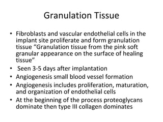Granulation Tissue Fibroblasts and vascular endothelial cells in the implant site proliferate and form granulation tissue “Granulation tissue from the pink soft granular appearance on the surface of healing tissue” Seen 3-5 days after implantation Angiogenesis small blood vessel formation Angiogenesis includes proliferation, maturation, and organization of endothelial cells At the beginning of the process proteoglycans dominate then type III collagen dominates 