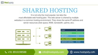 SHARED HOSTING
It is not only the most popular, but also the
most affordable web hosting plan. The web server is shared by multiple
websites in a common hosting environment. They share the same IP address and
server resources (disk space, RAM, bandwidth, uptime, etc).
8
 