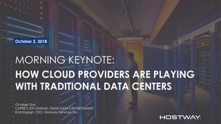 HOW CLOUD PROVIDERS ARE PLAYING
WITH TRADITIONAL DATA CENTERS
MORNING KEYNOTE:
October 2, 2018
October 2nd
CAPRE’S 6TH ANNUAL TEXAS DATA CENTER SUMMIT
Emil Sayegh, CEO, Hostway Services, Inc.
 