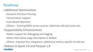 30© Cloudera, Inc. All rights reserved.
Roadmap
• Additional Optimizations
• Dynamic Partition Pruning
• Vectorization support
• Cost-Based Optimizer
• Others – Caching RDDs across queries, Optimize self join/union etc.
• Supportability Enhancements
• Better support for debugging and logging
• More informative stage description in WebUI
• Others: Improve Hue integration, additional metrics specific to HoS etc.
• Rebase to Spark 2.0 and Parquet 1.8
 