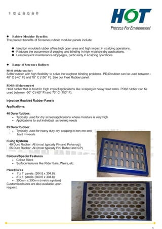 主 要 设 备 及 备 件
5
 Rubber Modular Benefits:
The product benefits of Screenex rubber modular panels include:
 Injection moulded rubber offers high open area and high impact in scalping operations.
 Reduces the occurrence of pegging and blinding in high moisture dry applications.
 Less frequent maintenance stoppages, particularly in scalping operations.
 Range of Screenex Rubber:
PD40 (40 durometer)
Softer rubber with high flexibility to solve the toughest blinding problems. PD40 rubber can be used between -
40° C (-40° F) and 70° C (150° F). See our Flexi Rubber panel.
PD65 (65 durometer)
Hard rubber that is best for High impact applications like scalping or heavy feed rates. PD65 rubber can be
used between -50° C (-60° F) and 70° C (150° F).
Injection Moulded Rubber Panels
Applications:
40 Duro Rubber:
 Typically used for dry screen applications where moisture is very high
 Applications to suit individual screening needs
65 Duro Rubber:
 Typically used for heavy duty dry scalping in iron ore and
hard minerals
Fixing Systems
40 Duro Rubber: All (most typically Pin and Polysnap)
65 Duro Rubber: All (most typically Pin, Bolted and CP)
Colours/Special Features
 Colour Black
 Surface features like Rider Bars, Weirs, etc.
Panel Sizes
 1’ x 1’ panels (304.8 x 304.8)
 2’ x 1’ panels (609.6 x 304.8)
 300mm x 300mm (metric system)
Customised sizes are also available upon
request.
 