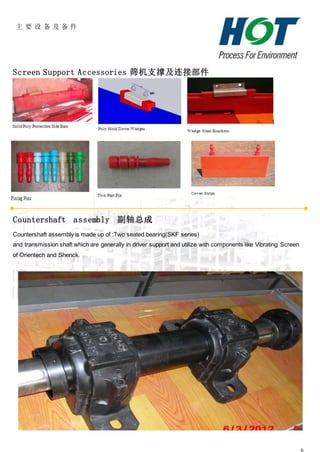 主 要 设 备 及 备 件
6
Screen Support Accessories 筛机支撑及连接部件
Countershaft assembly 副轴总成
Countershaft assembly is made up of :Two seated bearing(SKF series)
and transmission shaft which are generally in driver support and utilize with components like Vibrating Screen
of Orientech and Shenck.
 