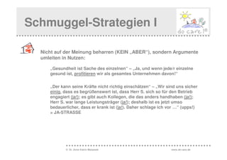 Schmuggel-Strategien I

  Nicht auf der Meinung beharren (KEIN „ABER“), sondern Argumente
  umleiten in Nutzen:

     „Gesundheit ist Sache des einzelnen“ – „Ja, und wenn jede/r einzelne
     gesund ist, profitieren wir als gesamtes Unternehmen davon!“


     „Der kann seine Kräfte nicht richtig einschätzen“ – „Wir sind uns sicher
     einig, dass es begrüßenswert ist, dass Herr S. sich so für den Betrieb
     engagiert (ja!); es gibt auch Kollegen, die das anders handhaben (ja!);
     Herr S. war lange Leistungsträger (ja!); deshalb ist es jetzt umso
     bedauerlicher, dass er krank ist (ja!). Daher schlage ich vor …“ (upps!)
     = JA-STRASSE




            © Dr. Anne Katrin Matyssek                          www.do-care.de
 