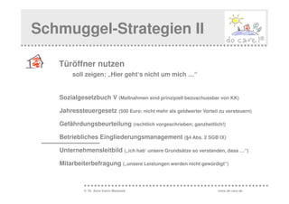 Schmuggel-Strategien II

   Türöffner nutzen
        soll zeigen: „Hier geht‘s nicht um mich …“


   Sozialgesetzbuch V (Maßnahmen sind prinzipiell bezuschussbar von KK)

   Jahressteuergesetz (500 Euro: nicht mehr als geldwerter Vorteil zu versteuern)

   Gefährdungsbeurteilung (rechtlich vorgeschrieben; ganzheitlich!)

   Betriebliches Eingliederungsmanagement (§4 Abs. 2 SGB IX)

   Unternehmensleitbild („ich hab‘ unsere Grundsätze so verstanden, dass …“)

   Mitarbeiterbefragung („unsere Leistungen werden nicht gewürdigt“)



            © Dr. Anne Katrin Matyssek                             www.do-care.de
 