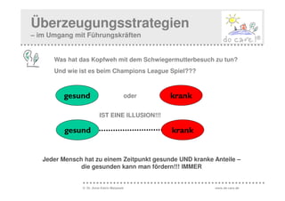 Überzeugungsstrategien
– im Umgang mit Führungskräften


      Was hat das Kopfweh mit dem Schwiegermutterbesuch zu tun?
      Und wie ist es beim Champions League Spiel???



         gesund                          oder    krank

                          IST EINE ILLUSION!!!

          gesund                                 krank


   Jeder Mensch hat zu einem Zeitpunkt gesunde UND kranke Anteile –
               die gesunden kann man fördern!!! IMMER


                © Dr. Anne Katrin Matyssek                www.do-care.de
 