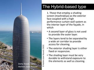 Doha Tower, Qatar
Ateliers Jean Nouvel

© Ateliers Jean Nouvel, CSCEC

The Hybrid-based type
1. Those that employ a shading
screen (mashrabiya) as the exterior
face coupled with a high
performance curtain wall system as
the interior layer of the façade, in
which
• A second layer of glass is not used
to provide the outer layer.
• The layers tend to be separated by
a wide air corridor to provide
access for cleaning.
• The exterior shading layer is either
fixed or responsive.
• The shading layer must be very
durable to withstand exposure to
the elements as well as cleaning.

 