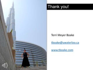 Thank you!
For more detailed
information on these
buildings, please look up
“Diagrid Structures” written
by me, published by
Birkhäuser.
http://www.amazon.com/Diagrid-Structures-SystemsConnections-Details/dp/3038215643

Terri Meyer Boake
tboake@uwaterloo.ca

www.tboake.com

 