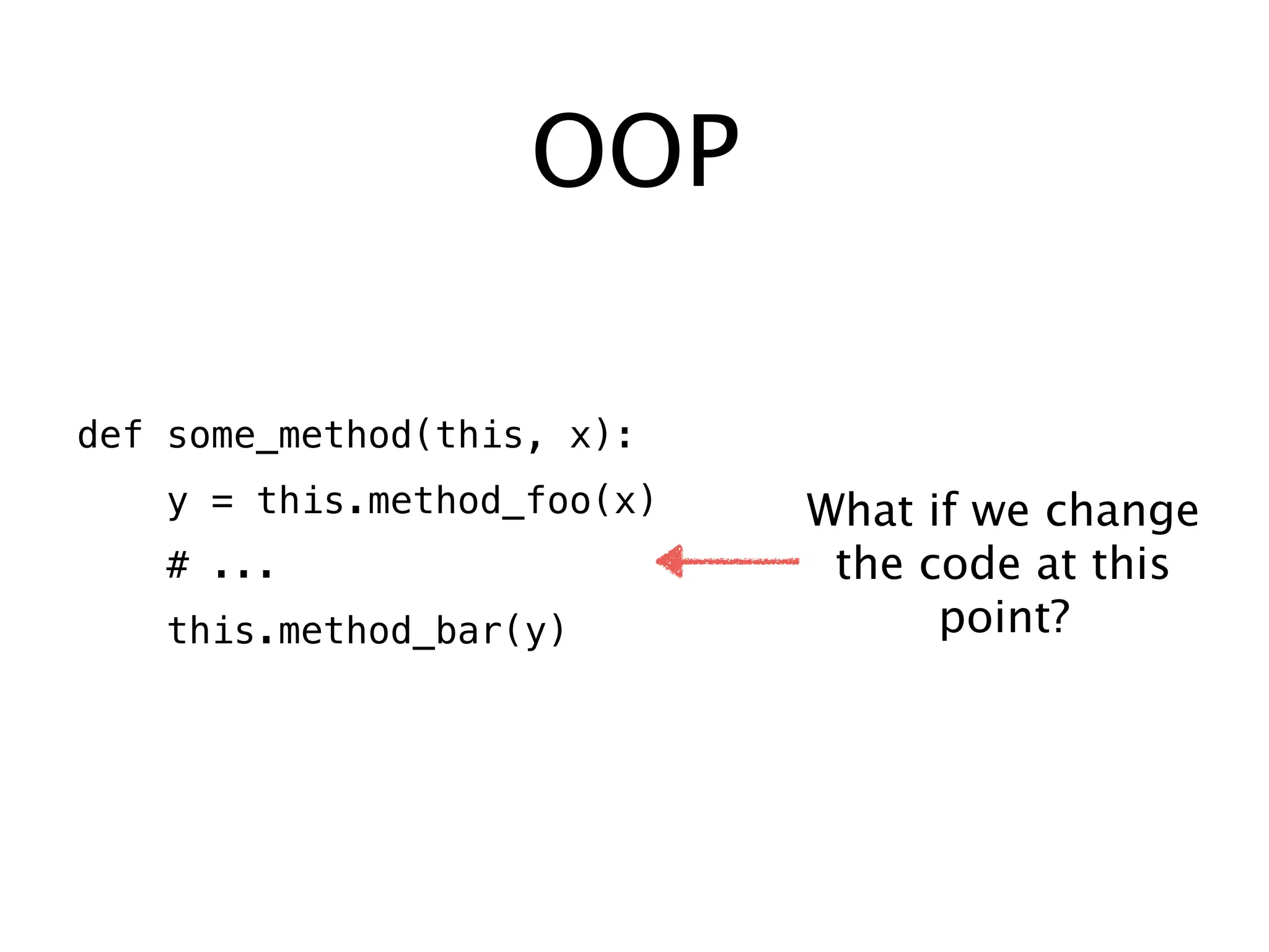 OOP
def some_method(this, x):
y = this.method_foo(x)
# ...
this.method_bar(y)
What if we change
the code at this
point?
 
