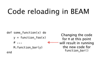 Code reloading in BEAM
def some_function(x) do
y = function_foo(x)
# ...
M.function_bar(y)
end
Changing the code
for M at ...