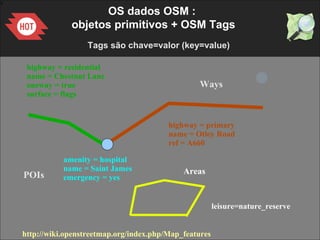 1
Ways
highway = residential
name = Chestnut Lane
oneway = true
surface = flags
highway = primary
name = Otley Road
ref = A660
Tags são chave=valor (key=value)
http://wiki.openstreetmap.org/index.php/Map_features
amenity = hospital
name = Saint James
emergency = yesPOIs Areas
leisure=nature_reserve
OS dados OSM :
objetos primitivos + OSM Tags
 