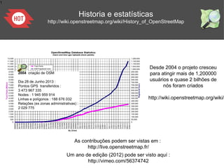 1
Historia e estatísticas
http://wiki.openstreetmap.org/wiki/History_of_OpenStreetMap
Desde 2004 o projeto cresceu
para atingir mais de 1,200000
usuários e quase 2 bilhões de
nós foram criados
http://wiki.openstreetmap.org/wiki/
As contribuções podem ser vistas em :
http://live.openstreetmap.fr/
Um ano de edição (2012) pode ser visto aquí :
http://vimeo.com/56374742
2004 criação de OSM
Dia 28 de Junho 2013 :
Pontos GPS transferidos :
3 473 967 335
Nodes : 1 945 959 914
Linhas e polígonos : 188 676 032
Relações (ex zonas administrativas) :
2 029 775
 