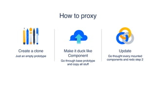 Make it duck like
Component
Go through base prototype
and copy all stuff
How to proxy
Update
Go thought every mounted
components and redo step 2
Create a clone
Just an empty prototype
 