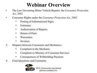 Hot Topics in Consumer Protection: Motor Vehicle Repairs Powerpoints | PPT