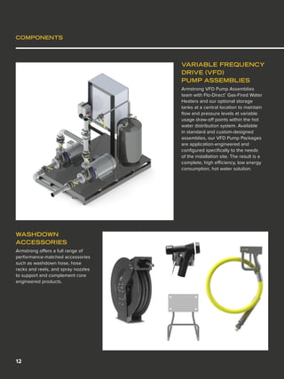 12
WASHDOWN
ACCESSORIES
Armstrong offers a full range of
performance-matched accessories
such as washdown hose, hose
racks and reels, and spray nozzles
to support and complement core
engineered products.
COMPONENTS
VARIABLE FREQUENCY
DRIVE (VFD)
PUMP ASSEMBLIES
Armstrong VFD Pump Assemblies
team with Flo-Direct®
Gas-Fired Water
Heaters and our optional storage
tanks at a central location to maintain
flow and pressure levels at variable
usage draw-off points within the hot
water distribution system. Available
in standard and custom-designed
assemblies, our VFD Pump Packages
are application-engineered and
configured specifically to the needs
of the installation site. The result is a
complete, high efficiency, low energy
consumption, hot water solution.
 