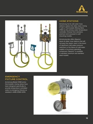 13
EMERGENCY
FIXTURE CONTROL
Armstrong Model Z358 series
thermostatic mixing valves have
been designed specifically to
provide temperature controlled
water to emergency fixtures as
detailed in ANSI Z358.1-2014.
HOSE STATIONS
Armstrong hot & cold water hose
stations replace the older, basic mixing
Y with a Thermostatic Mixing Valve
(TMV) as the primary water temperature
controller. Choose from standard,
premium and recessed in-wall
mounting models.
Armstrong also offers Steamix®
steam & water hose stations that will
not pass live steam, even in the event
of significant cold water pressure
reduction or the failure of cold water
supply or its primary operating
component. Steamix® is available
in standard, premium and stainless
steel models.
 