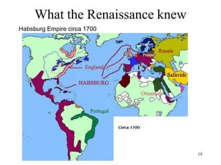 19
What the Renaissance knew
• The gunpowder empires
– Russian Empire before Pyotr
• A quasi-theocracy (the "Third Rome" of
Orthodox Christianity)
• Russia cut off from Reformation,
Renaissance, scientific revolution
• No universities
• No literature, art and music outside religion
• Foreigners quarantined in the "German
quarters" of Moscow
 