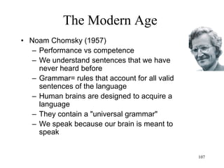 107
The Modern Age
Medicine
1945: Howard Florey and Ernst Chain
develop the first antibiotics
1956: Jonas Salk develops the oral polio
vaccine
1958: Roger Sperry performs split-brain
surgery
1960: The birth control pill
 